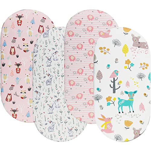 Image of Onacosht Bassinet Sheets for Baby Boy and Girl, Stretchy Fitted Sheet Universal for Bassinet Cradle Hourglass Oval Rectangle Pad/Mattress, 4 Pack Deer, Elephant, Rabbit and Squirrel Printing