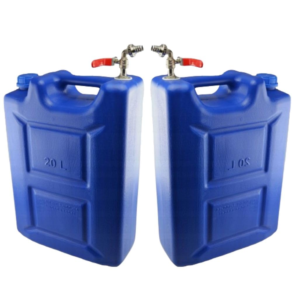 Wasserkanister 20l aus Kunststoff, Wassertank mit Hahn, Set 2 Stück, Wasserbehälter Trinkwasserkanister, Reservekanister, Kunststoffkanister, für Haus, Garten,Camping usw., dichter Verschluss, Blau