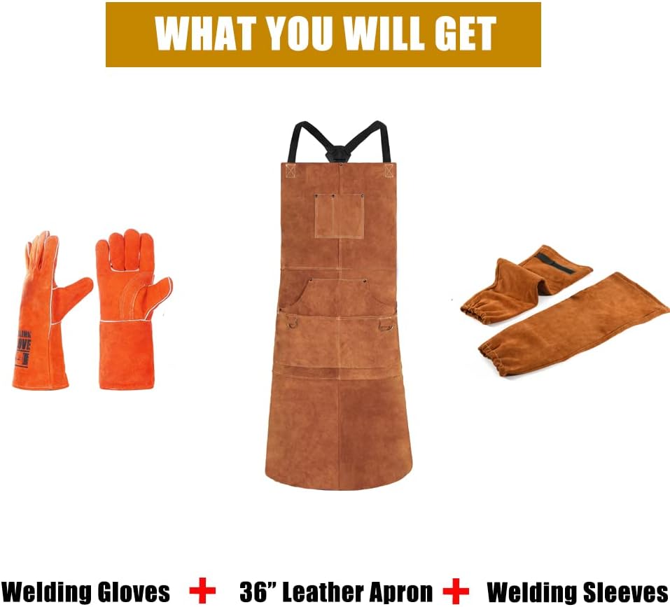 Leather Welding Apron with Gloves and Sleeves - Heat & Flame-Resistant Work Shop Aprons, Adjustable M to XXXL for Men & Women
