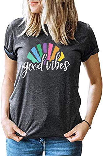 Good Vibes T Shirt Women Graphic Tees Letter Print Short Sleeve Funny Shirts Rainbow Print Cute Summer Tops (Dark Gray, S)