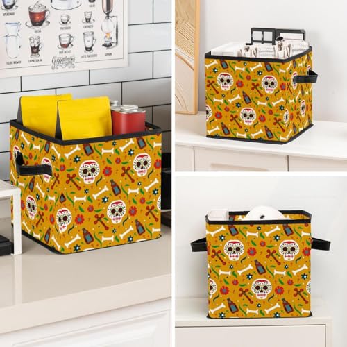 Boîte de rangement cube en tissu motif crânes avec poignées de transport - 8