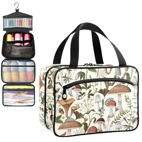 YNNALE Sewing Supply Organizer Bag, Mushroon Botanical Portable Sewing Bags with Pockets&Hanger, Sewing Storage Box Case for Sew Supplies/Kit/Tools/Accessories (BAG ONLY)