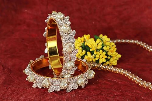 Image of LAVAZZA Stylish Butterfly Design Golden Metal with Zircon Diamond & Pearls Moti Bangles Kada For Women & Girls | Traditional Girl's Bangles Bracelet | Women's Kangan Wedding, Party-Set of 2