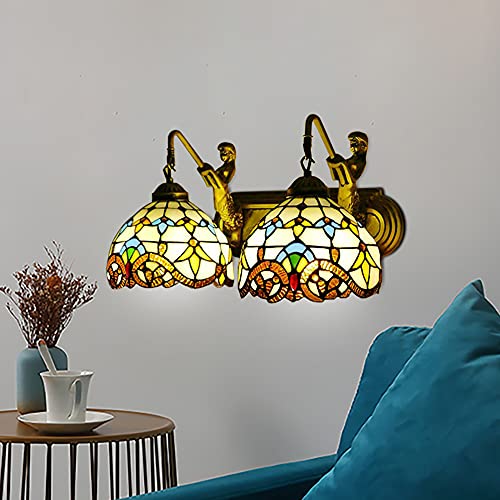 Image of Wall Sconce Vintage Style Stained Glass Bowl Wall Fixtures 2-Light Wall Light in Antique Brass with Mermaid for Bedroom Hallway Stairway Balcony
