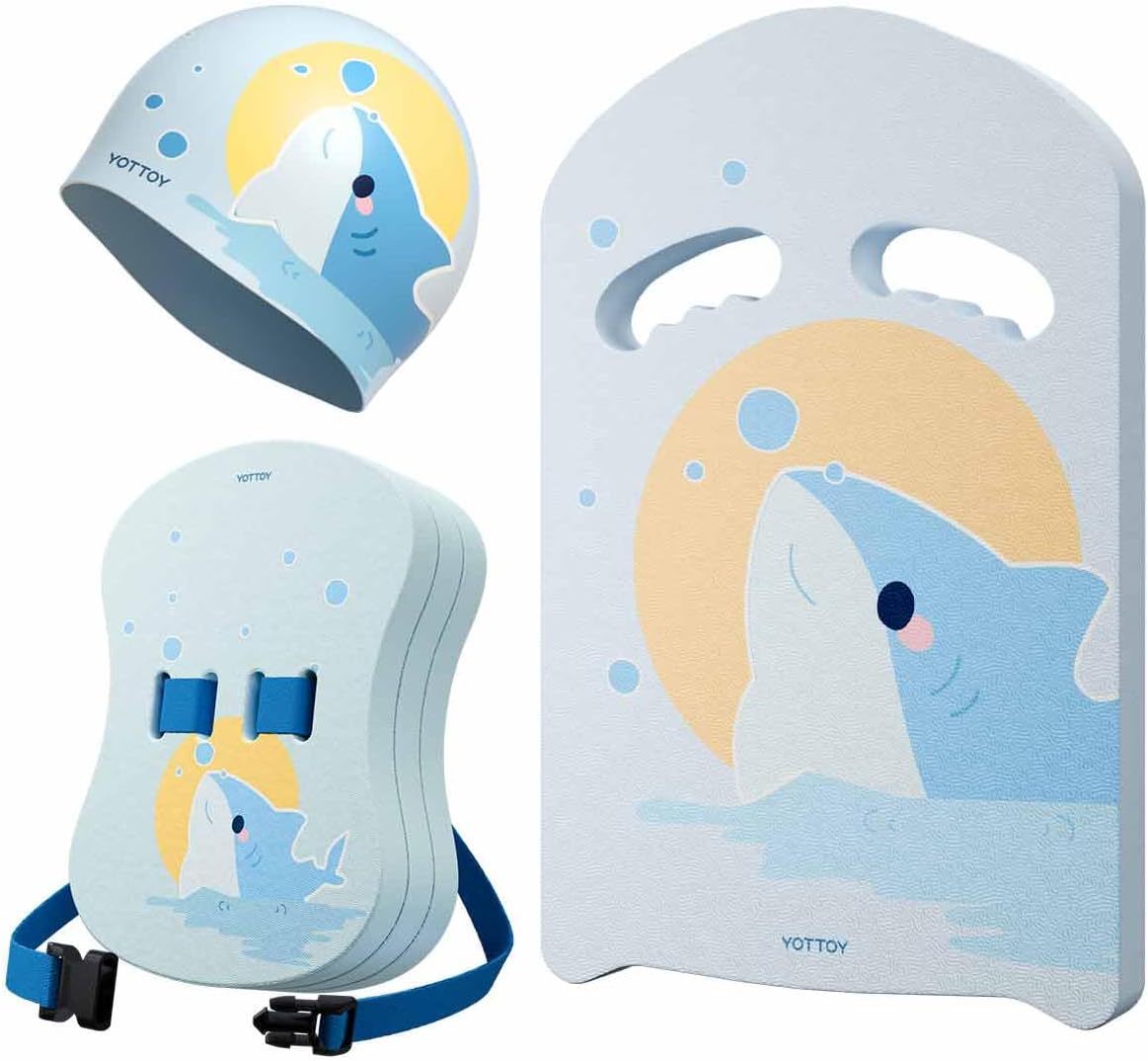 YOTTOY Kids Swim Belt Set, 3-Layer Adjustable Floating Swim Trainer for Children, Back Float for Swimming Beginners, Includes Kickboard & Swim Cap