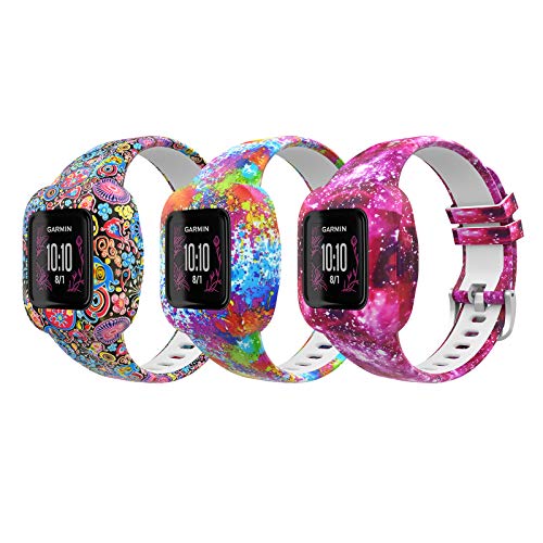 MoKo Lot de 3 Bracelets Compatible avec Garmin Vivofit jr. 3 pour Enfants, Bande de Montre de Remplacement en Silicone avec Motif Mignon, Coloré A