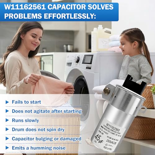 Image of W11428524 Washer Motor Run Capacitor 45uF 250VAC 50 /60Hz 10000AFC Compatible with Whirlpool Kenmore Maytag Amana Washer Capacitor Replace W10866238 W11162561 W11175257 AP6981681 PS12745632