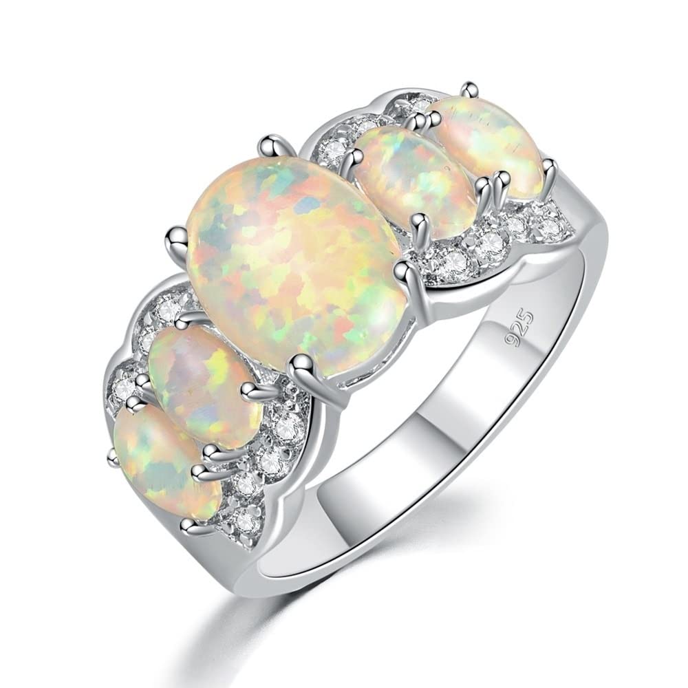 JSFJOFO White Fire Opal Wide Finger Rings Silver Plated Large Oval Stone Cz Crystal Filled Ring Luxury Cocktail Jewelry Female