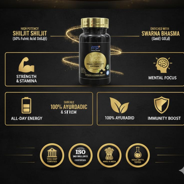 Image of Alpha Vigor Premium Ayurvedic Herbal Supplement for Men | With Swarna Bhasma (20mcg) & Pure Shilajit 250mg (50% Fulvic Acid) | Ashwagandha, Safed Musli & Kaunch Beej | Daily Vitality & Energy Support | 60 Veg Capsules
