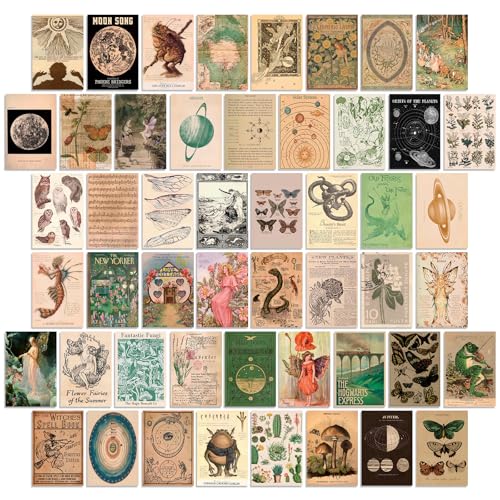 Uniro Vintage Fairycore Decor, 50pcs Fairy Room Decor Aesthetic Pictures, 4'x6' Retro Grunge Fairy Wall Collage Kit, Cottagecore Wall Decor, Goblincore Decor, Earthy Vintage Fairy Wall Art Print Mushroom Pictures for Dorm Bedroom