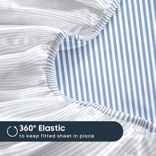 Image of Wake In Cloud - Striped Bed Sheets, 4-Piece Sheet Set, Ticking Vertical Pin Stripe Modern Farmhouse Pattern Printed Bedding, Deep Pocket, Blue White, King Size