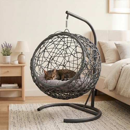 Hotpzeddaque Hanging Cat Swing Bed with Stand & Cushion Rattan Wicker Egg Chair for Cats Small Dogs & Pets Indoor Swinging Bed Cozy Resting Spot Modern Design (Gray)