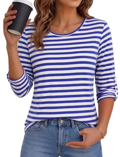 Image of Crewhpo Women's Striped T-Shirt Long Sleeve Basic Tops Round Neck Tees