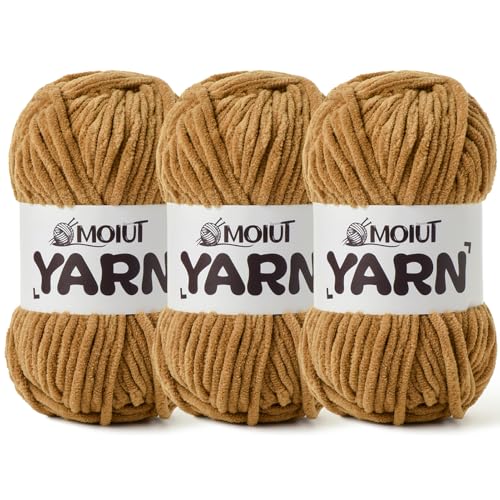 Image of 3 Pack Fluffy Chenille Yarn for Crocheting, Chunky Velvet Yarns for Crochet Amigurumi, Baby Yarn for Crocheting Soft Blanket, 262.4yds /10.5 oz Bulky Yarns for Crafts /Hats /Shoes /Socks (3 Brown)