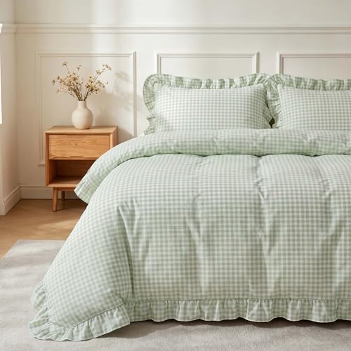 Image of Nayoroom Gingham Duvet Cover Queen Size Green Ruffle Plaid Checkered Duvet Cover 3 Pieces Soft Washed Microfiber Vintage Farmhouse Dorm Bedding Set Gifts for Women Men