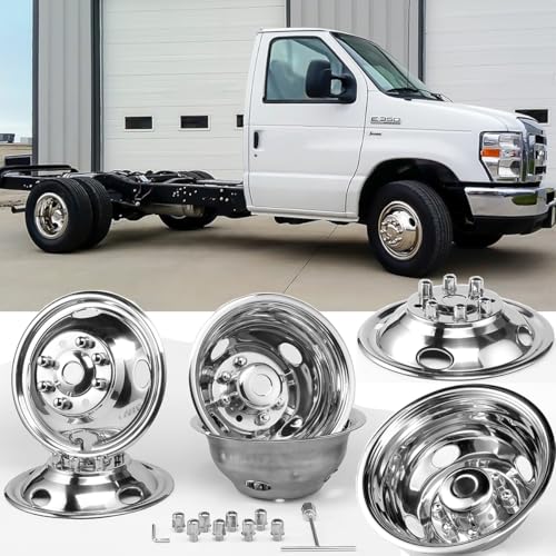 Image of 4pcs 16 inch Polished Stainless Steel Dually Wheel Simulators, Nice Looking Bolt On 8 Lug 4 Hand Hole Hubcaps Fit for 1974-1998 Ford F350, 2008-2021 E350 /E450 Van,1974-1999 Dodge Ram3500 Truck