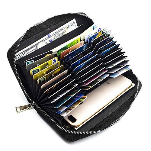 ANDOILT Genuine Leather Wallet for Women Men RFID Blocking Credit Card Holder Zipper Purse Cell Phone Handbag Huge Storage Capacity Black&Silver Chain