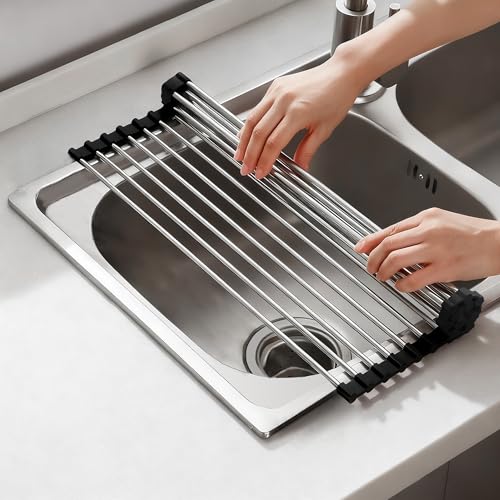 NEZUIBAN Dish Drying Rack with Roll Up and Over Sink for Kitchen,17.5'x11.8',Black