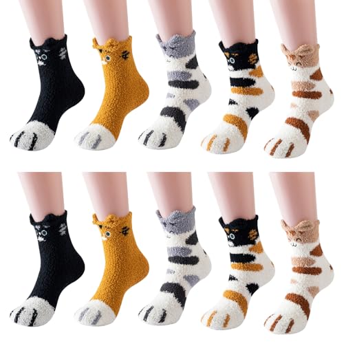 Cute Cat Paw Fuzzy Socks Set, 5 Pairs, Polyester, Assorted Colors，suitable for home wear, outdoor wear, cat's paw socks