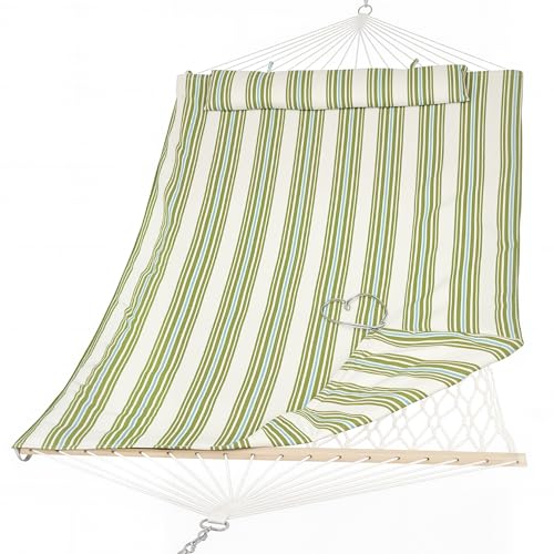 Image of SUNCREAT Portable 2 Person Hammock with Hardwood Spreader Bar, Cotton Rope Outdoor Hammock with Polyester Pad, Green&Beige
