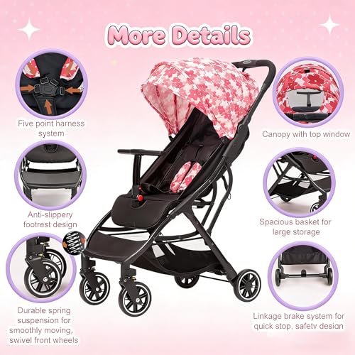 Image of Cool Kids Lightweight Travel Stroller, Auto Fold Reversible Buggy Pink | Looking for a reversible toddler stroller? Drag this pink auto-fold buggy like rolling luggage through airport security.