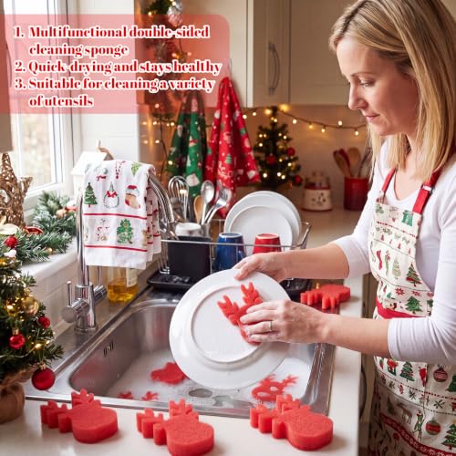 Image of Tioncy 12 Pack Christmas Reindeer Kitchen Sponges Bulk Red Reindeer Dual Sided Scrubber Sponges Dishwashing Kitchen Cleaning Accessories for Home Decor Household Supplies