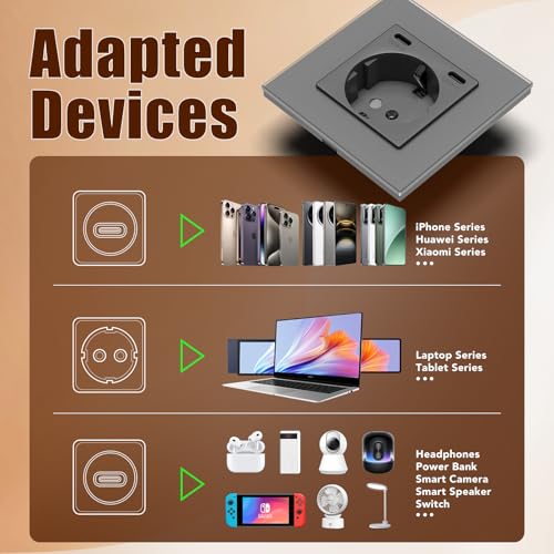 BSEED Steckdose mit USB C(5 V 2.1A),Unterputz Steckdose (Typ C und Typ C),16A 250V 4 Fach Wandsteckdose,2*USB C Einbausteckdose Geeignet für Phone,Pad-299mm*86mm,Grau