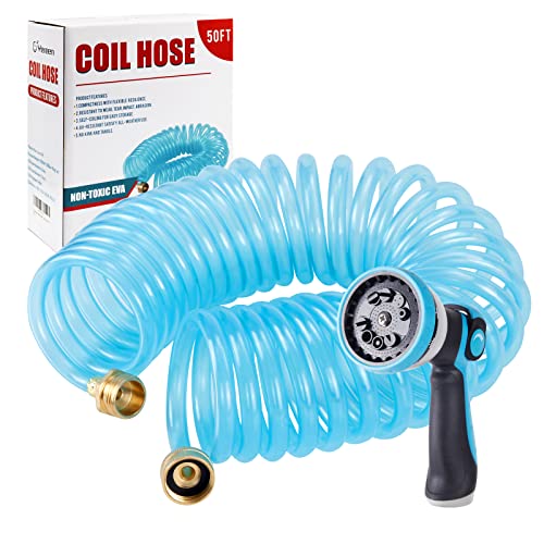 Yereen Coil Garden Hose 50FT, EVA Recoil Garden Hose, Transparent Self-coiling Water Hose with 3/4\" Connector Fittings with 10 Function Spray Nozzle, Blue