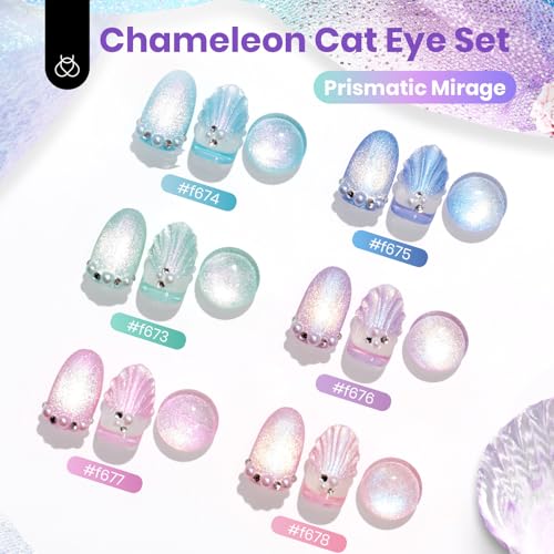 Image of Beetles Cat Eye Gel Nail Polish Set - Prismatic Mirage 6 Colors Summer Cat Eye Shimmer Glitter Gel Polish Kit Mermaid Pink Blue Purple Green 9D Holographic Soak Off UV Nail Art Gift for Women