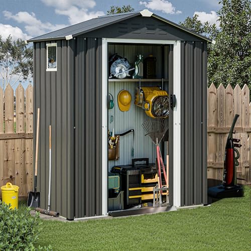 Image of JY QAQA 5x3 FT Metal Outdoor Garden Storage Shed,Waterproof Metal Garden Sheds with Window and Lockable Double Door,Weather Resistant Steel Tool Storage House Shed forPatio,Lawn (Gray)