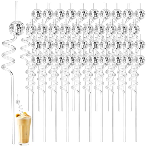 JJUNW 40 Pcs 70s Disco Ball Straws Glitter Mirror Silver Ball Straws Reusable Cake Pops for 1970s Retro Theme Birthday Party Decorations