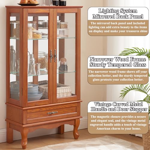 Image of 49 inch H Lighted Curio Cabinet Display Case, Glass Curio Cabinet with Adjustable Shelves,Tempered Glass Door and Drawer, Wooden Cabinets w /Mirrored Back Pane for Living Room (Oak)