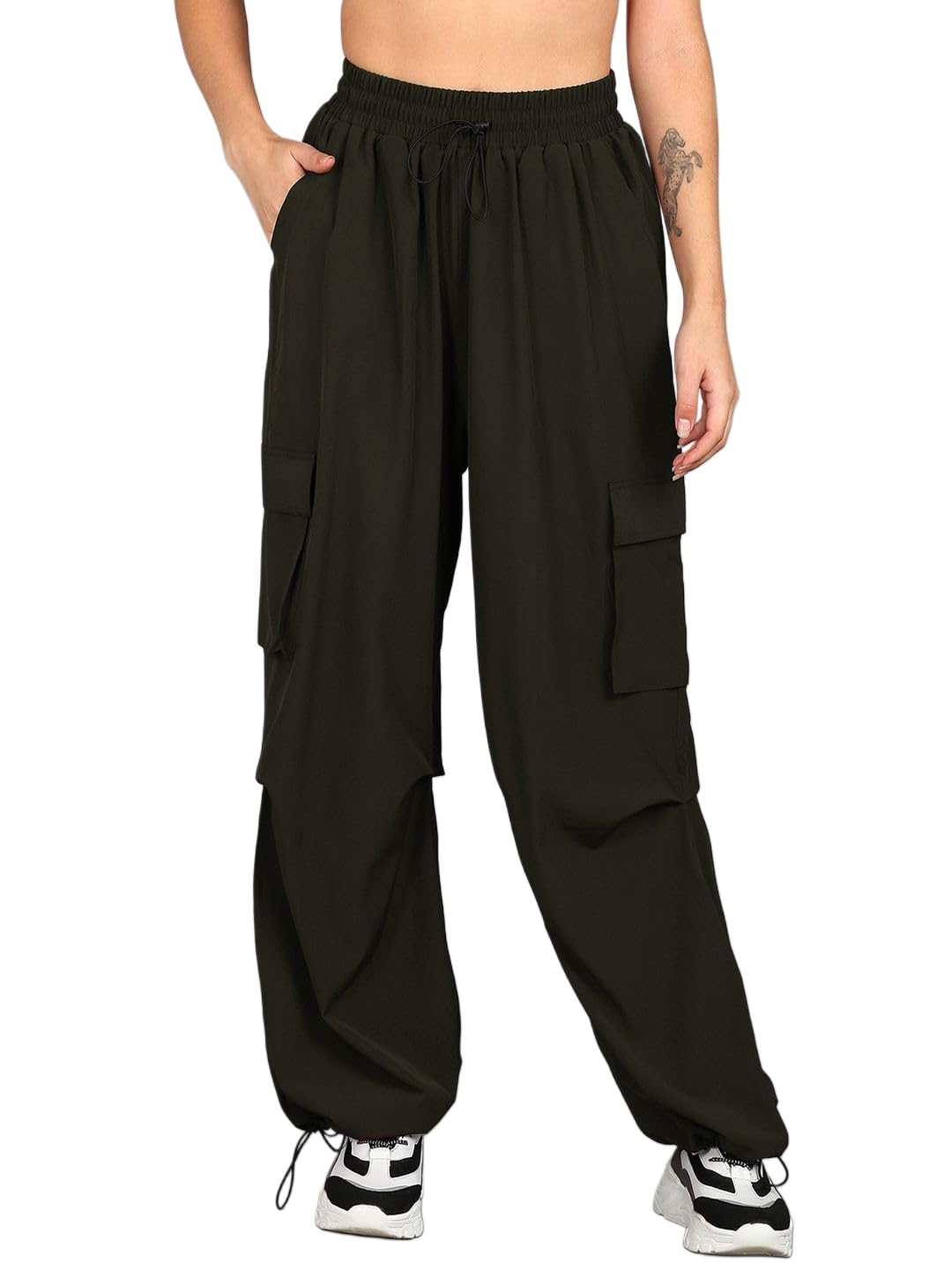 Women's Cargo Pants, Light Weight Parachute Baggy Pants with Drawstring, Multiple Pockets-image-12