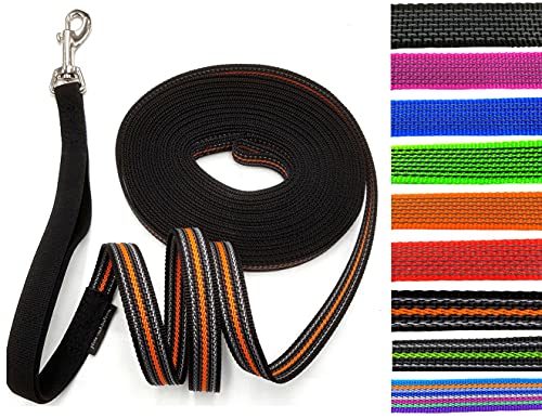 Schleppleine gummiert MIT RUCKDÄMPFER 1m - 30m / 20mm breit/für mittlere und große Hunde MIT/OHNE Handschlaufe (8m MIT Handschlaufe, Schwarz-Ornage gummiert)