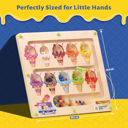 Image of Spartan Kids 3 in 1 Ice Cream Magnetic Puzzle Board for Kids, Wooden Magnetic Maze Learning Toy, Magnetic Color Sorting Board for Toddler Counting and Colour Recognition