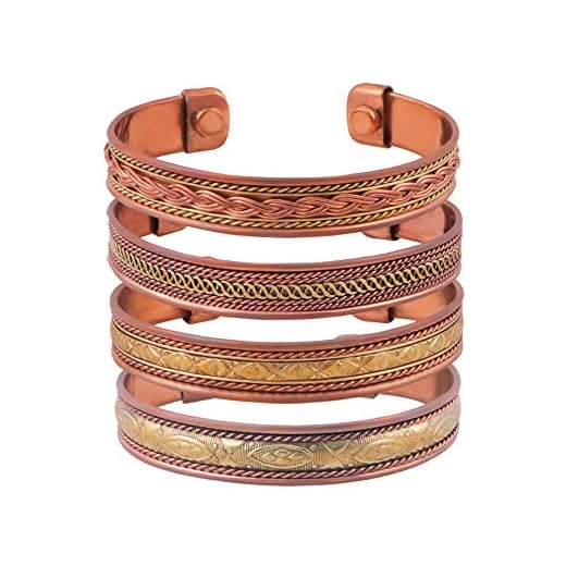 Set of 4 Tibetan Copper Bracelets Magnetic India Pattern Women's Men's Spiritual Yoga Jewelry (Style -1)