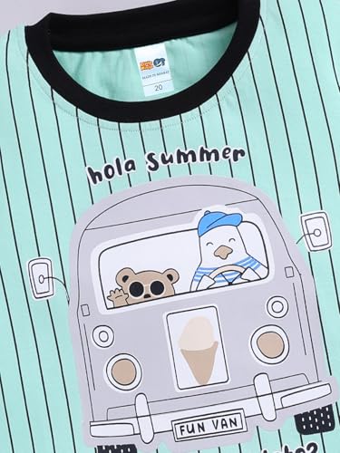 Image of LITTLE NINJA Pure Cotton Knee Length Half Sleeve School Bus Printed Tee & Shorts Set - Sea Green 0-6M