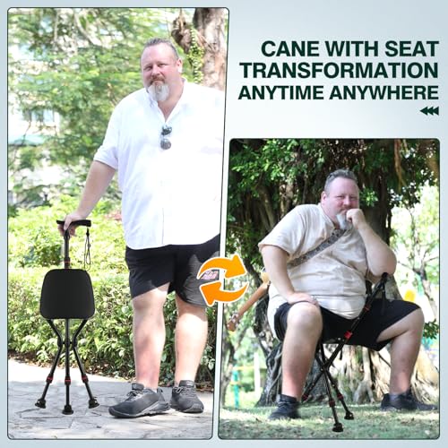 Image of Walking Cane with Seat Holding 400 lbs - Heavy-Duty Folding Cane Chair with Upgraded Detachable 3 Legs, ABC Markings, Adjustable 19 inch-22 inch Seat Height, Large Comfort Seat for Seniors
