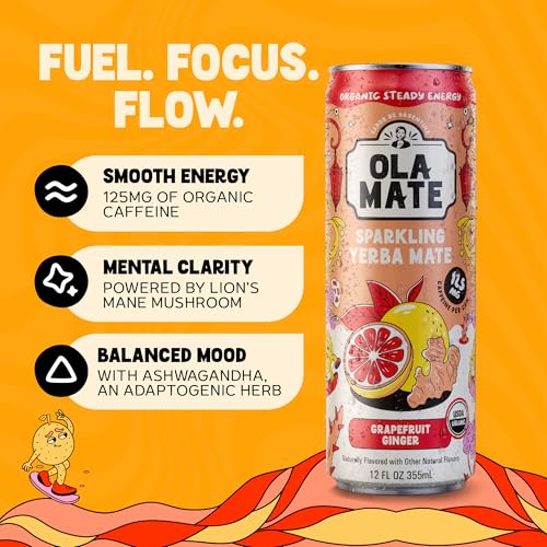 Image of Yerba Mate Energy Drink - Low Sugar Sparkling Tea Cans with Ashwagandha, Lion's Mane, USDA Organic Clean Energy Drink with 125mg Natural Caffeine, Ola Mate Grapefruit Ginger