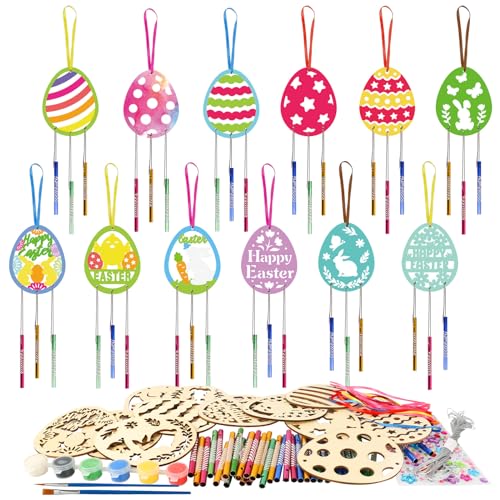 HAKOTOM 12Pcs Kit Carillon Enfant Bricolage Œufs, Artisanat Pâques Bois Peindre Suspendue, Décorations de Pâques, Loisirs Créatifs pour Enfants de...