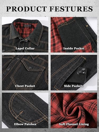 Image of Men's Denim Jacket Lined Flannel Plaid Vintage Cowboy Cut Western Classic Trucker Motorcycle Snap Fall Long Sleeves