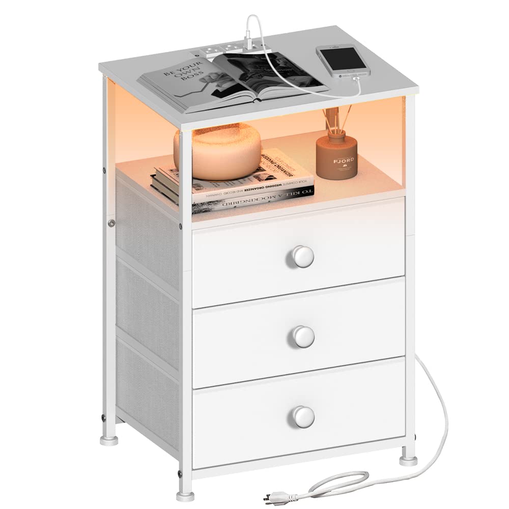 Tohomeor End Table with Charging Station LED Light Nightstand Bedroom Bed Side Dresser with 3 Fabric Drawers Open Storage Shelf Living Room Sofa End Table with USB Ports and Outlet (White, 1 Pack)
