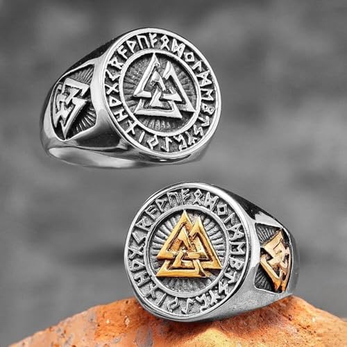 Image of THE MEN THING Pure Titanium Steel Ring - Silver Triple Valknut Ring with Rune Circle Symbol, Odin Symbol - Norse Scandinavian Viking Signet Ring for Men & Boys (26)