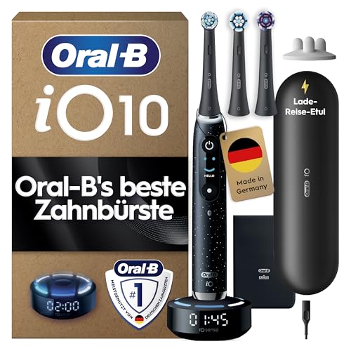 Oral-B iO Series 10 Elektrische Zahnbürste mit 3 Aufsteckbürsten, Schwarz - Electric Toothbrush, Inkl. iOSense, Lade-Reise-Etui Und 7 Putzmodi für Zahnpflege, Designed by Braun