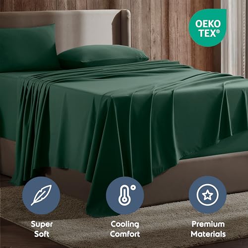 Image of Nestl Split King Bed Sheet Set - Dark Green - 5-Piece Deep Pocket | Instantly Soft, Night-One Ready (No Wash Required). Fits 16-Inch Deep Pockets, 360-Degree Elastic Grip
