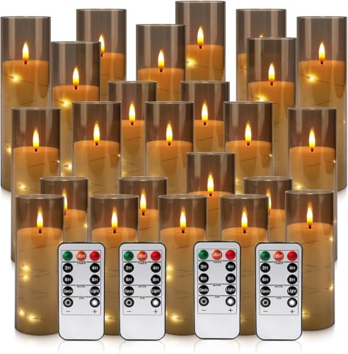 Image of 24 Pack Flameless Candles with Embedded Star String Fairy Lights, Battery Operated Candles, LED Candle, Fake Candles with Remote Control and Timer, Grey,(D2.2 x H 5 inch 6 inch 7 inch)