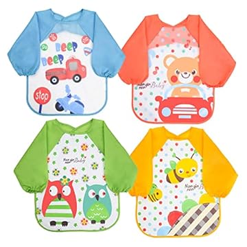 Vicloon Bavaglini con Maniche, 4 Pezzi Bavaglino a Manica Lunga Grembiule Pappa, Bavaglino Bambini Impermeabile per Dipingere, Giocare e Mangiare 6 Mesi a 3 Anni (Orso, Gufo, Auto, Ape Design)
