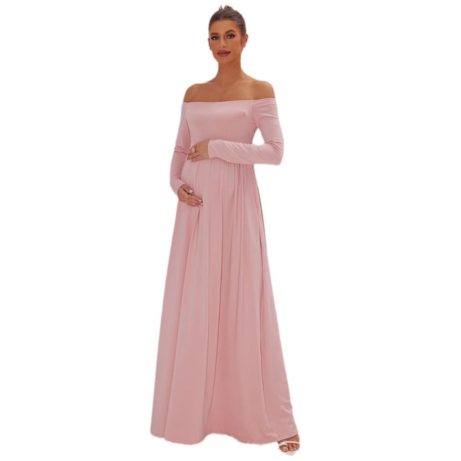 Abiti Premaman Abito Premaman Rosa a Maniche Lunghe con Volant sulle Spalle, vestibilità Slim, Colore Puro, da Donna