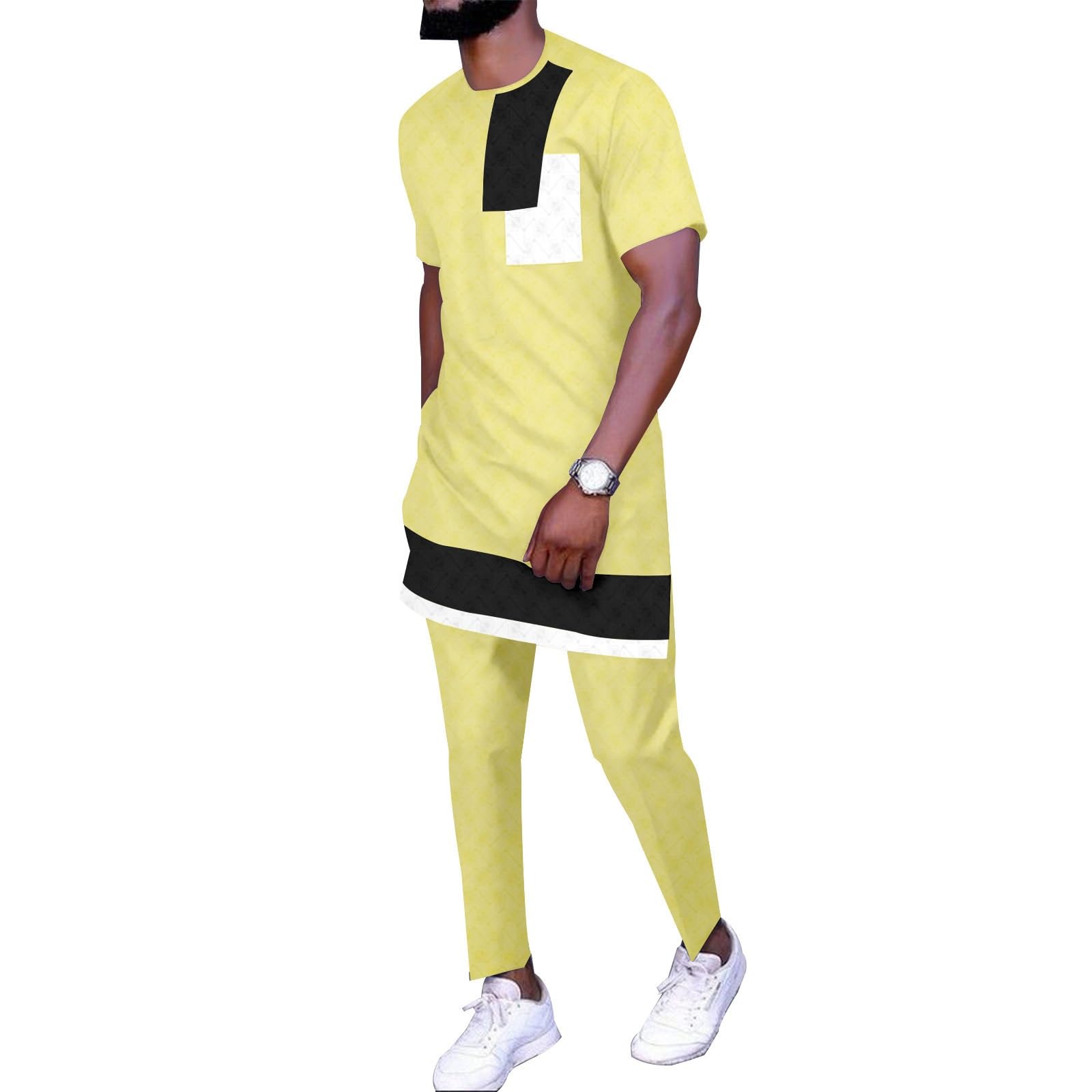 0XBIT Abito Da Uomo 2 Pezzi Set Di Camicie E Pantaloni A Maniche Corte Abiti Dashiki Abbigliamento Tribale Tuta Casual(Style4_Medium)