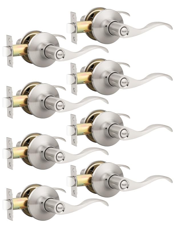 Image of Mengico 8 Pack Satin Nickel Privacy Door Lever, Modern Interior Door Knobs Locks for Bedroom and Bathroom, Heavy Duty Door Handle, Reversible Wave Lever Handle